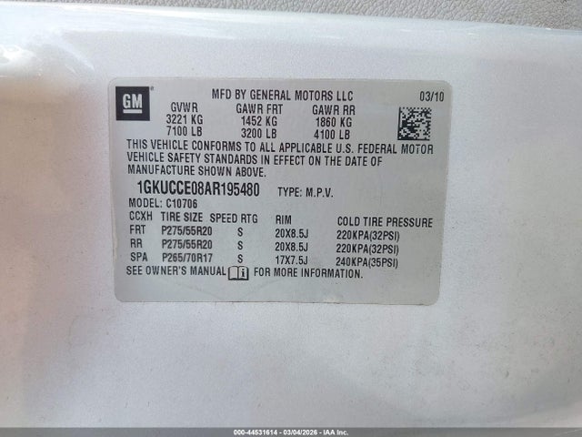44531614 :رقم المزاد ، 1GKUCCE08AR195480 vin ، 2010 Gmc Yukon Slt مزاد بيع