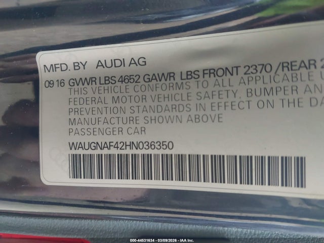 Aukcja sprzedaży 2017 Audi A4 2.0t Premium, vin: WAUGNAF42HN036350, numer aukcji: 44531634