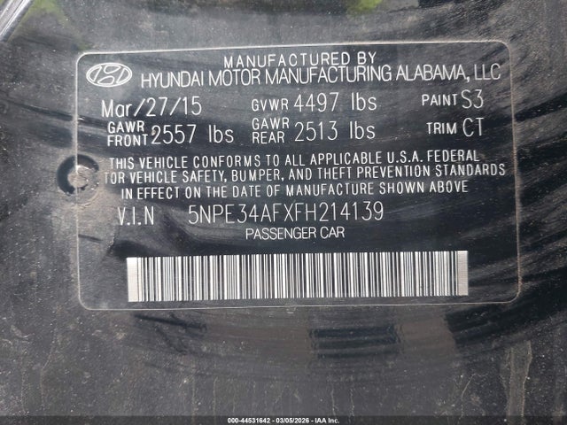 44531642 :رقم المزاد ، 5NPE34AFXFH214139 vin ، 2015 Hyundai Sonata Sport مزاد بيع