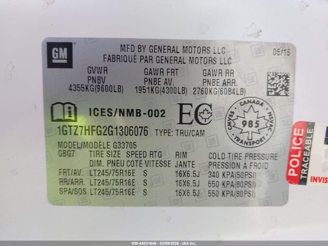 44531646 :رقم المزاد ، 1GTZ7HFG2G1306076 vin ، 2016 Gmc Savana 3500 مزاد بيع