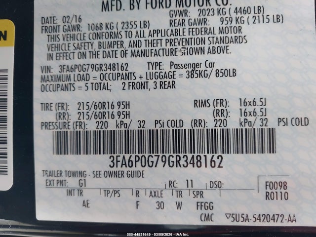 Ford FUSION S 2016 3FA6P0G79GR348162 Image 9