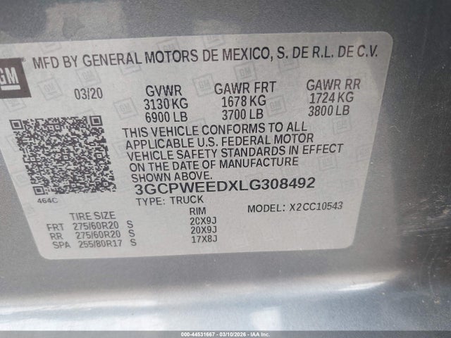 Продажа на аукционе авто 2020 Chevrolet Silverado 1500 2wd  Short Bed Ltz, vin: 3GCPWEEDXLG308492, номер лота: 44531667