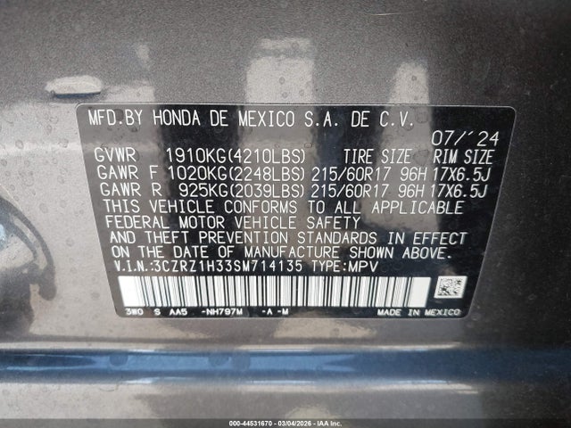 3CZRZ1H33SM714135 Honda Hr-v 2wd Lx