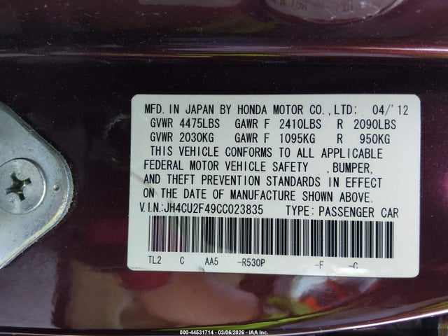 2012 Acura Tsx 2.4 მანქანა იყიდება აუქციონზე, vin: JH4CU2F49CC023835, აუქციონის ნომერი: 44531714