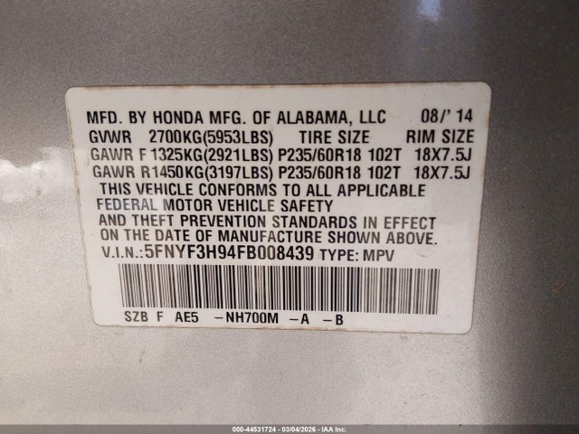 2015 Honda Pilot Touring მანქანა იყიდება აუქციონზე, vin: 5FNYF3H94FB008439, აუქციონის ნომერი: 44531724