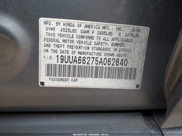 2005 Acura Tl მანქანა იყიდება აუქციონზე, vin: 19UUA66275A062640, აუქციონის ნომერი: 44531725