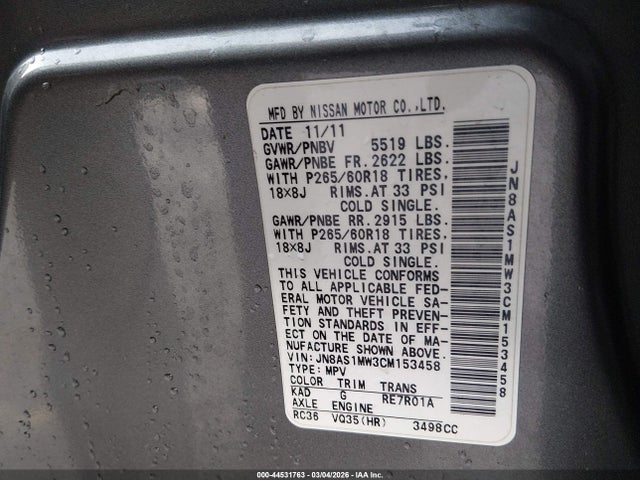 44531763 :رقم المزاد ، JN8AS1MW3CM153458 vin ، 2012 Infiniti Fx35 مزاد بيع