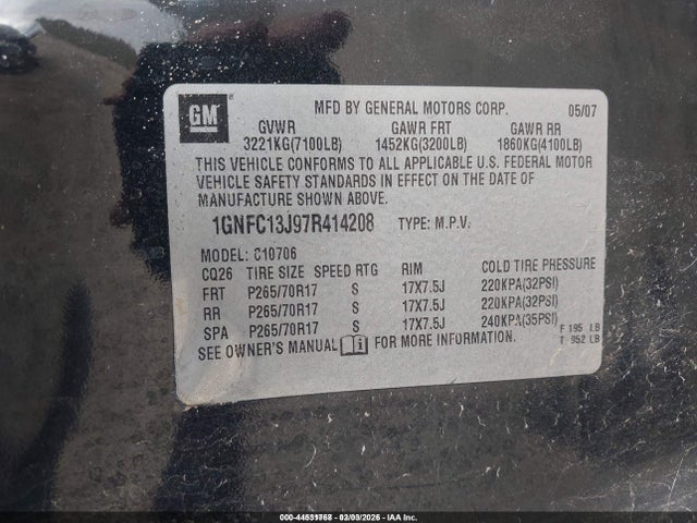 Aukcja sprzedaży 2007 Chevrolet Tahoe Lt, vin: 1GNFC13J97R414208, numer aukcji: 44531768