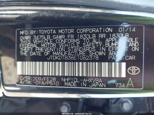 JTDKDTB36E1062378 Toyota Prius C One