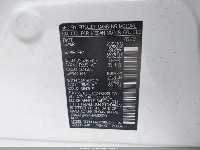 44531808 :رقم المزاد ، KNMAT2MV4HP592910 vin ، 2017 Nissan Rogue Sv مزاد بيع