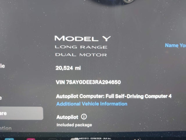 Продаж на аукціоні авто 2024 Tesla Model Y Long Range Dual Motor All-wheel Drive, vin: 7SAYGDEE3RA294650, номер лоту: 44531813
