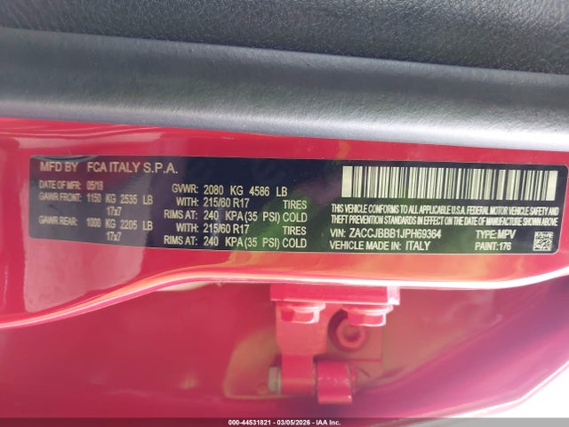 2018 Jeep Renegade Latitude 4x4 მანქანა იყიდება აუქციონზე, vin: ZACCJBBB1JPH69364, აუქციონის ნომერი: 44531821