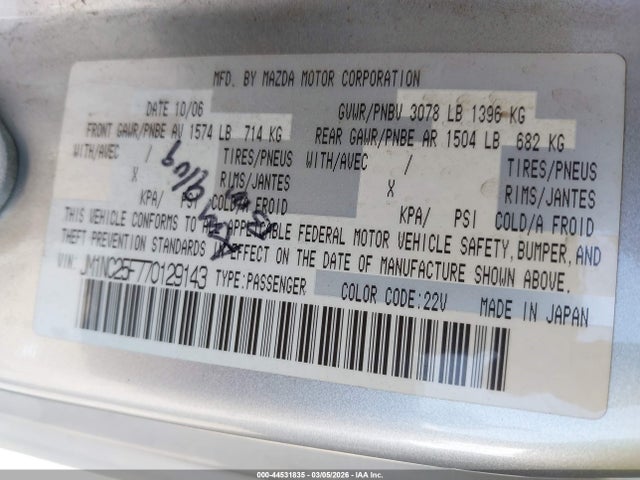 Продажа на аукционе авто 2007 Mazda Mx-5 Grand Touring, vin: JM1NC25F770129143, номер лота: 44531835