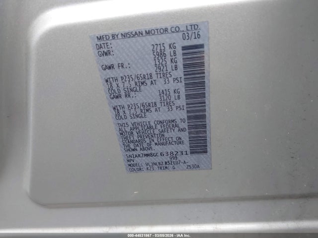 5N1AR2MM8GC638231 Nissan Pathfinder Platinum/s/sl/sv