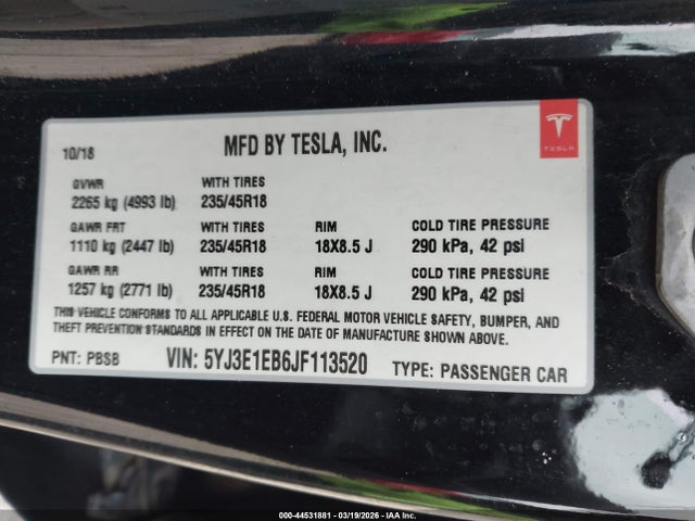 Aukcja sprzedaży 2018 Tesla Model 3 Long Range/performance, vin: 5YJ3E1EB6JF113520, numer aukcji: 44531881