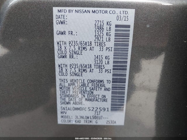 Продажа на аукционе авто 2015 Infiniti Qx60, vin: 5N1AL0MM0FC522591, номер лота: 44531893