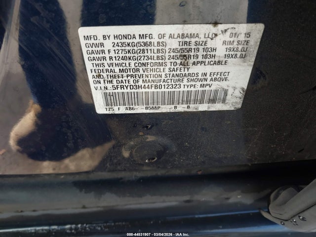 44531907 :رقم المزاد ، 5FRYD3H44FB012323 vin ، 2015 Acura Mdx Technology Package مزاد بيع