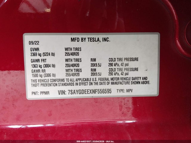 Aukcja sprzedaży 2022 Tesla Model Y Long Range Dual Motor All-wheel Drive, vin: 7SAYGDEEXNF556595, numer aukcji: 44531937