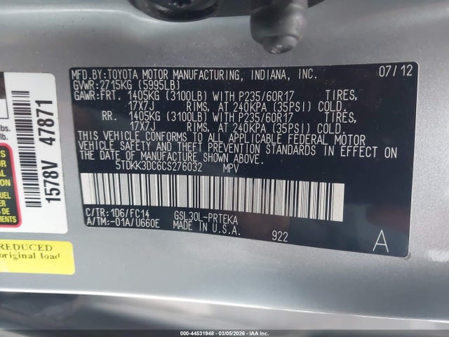 2012 TOYOTA SIENNA 5TDKK3DC6CS276032 Photo 8