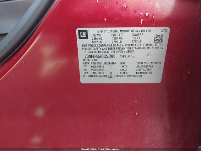 Aukcja sprzedaży 2012 Chevrolet Equinox Ltz, vin: 2GNFLFE59C6276995, numer aukcji: 44531965
