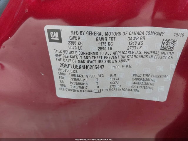 Продажа на аукционе авто 2017 Gmc Terrain Slt, vin: 2GKFLUEK4H6206447, номер лота: 44532014