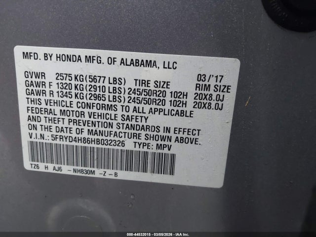 Aukcja sprzedaży 2017 Acura Mdx Advance Package, vin: 5FRYD4H86HB032326, numer aukcji: 44532015