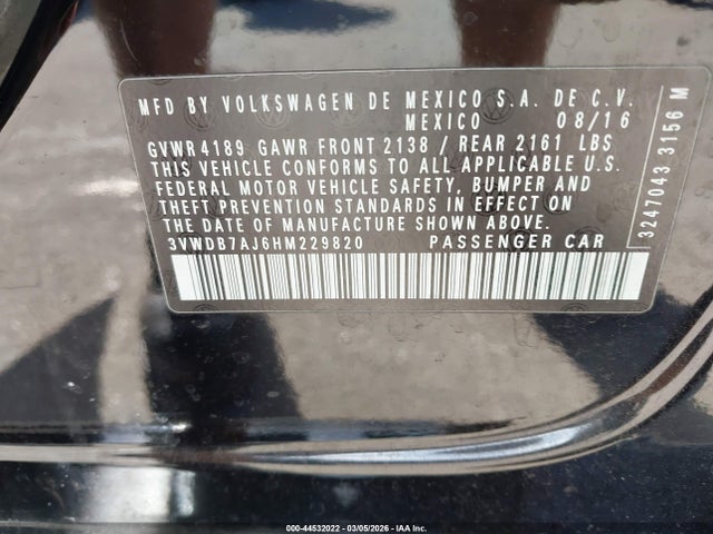 Aukcja sprzedaży 2017 Volkswagen Jetta 1.4t Se, vin: 3VWDB7AJ6HM229820, numer aukcji: 44532022