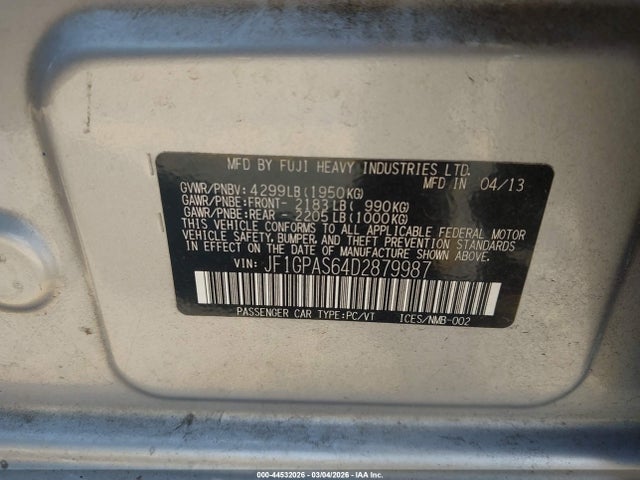 44532026 :رقم المزاد ، JF1GPAS64D2879987 vin ، 2013 Subaru Impreza 2.0i Sport Limited مزاد بيع