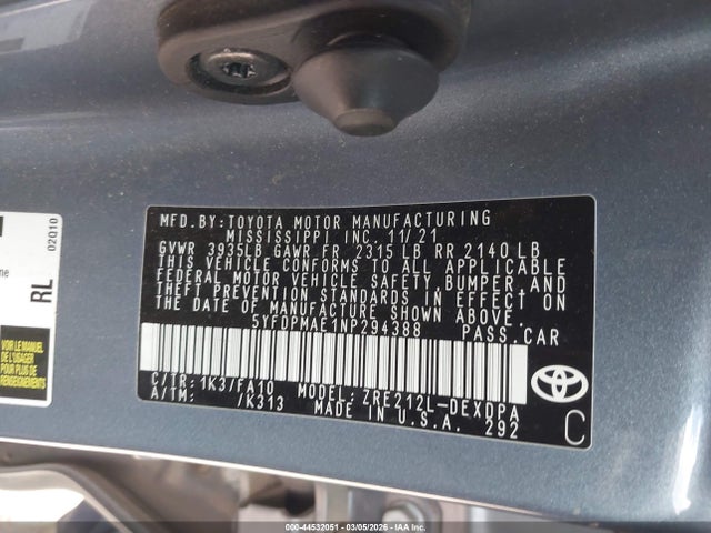 5YFDPMAE1NP294388 Toyota COROLLA L