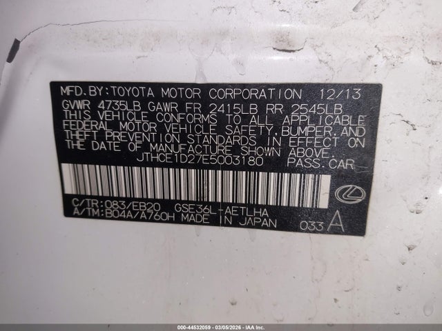 Aukcja sprzedaży 2014 Lexus Is 350, vin: JTHCE1D27E5003180, numer aukcji: 44532059