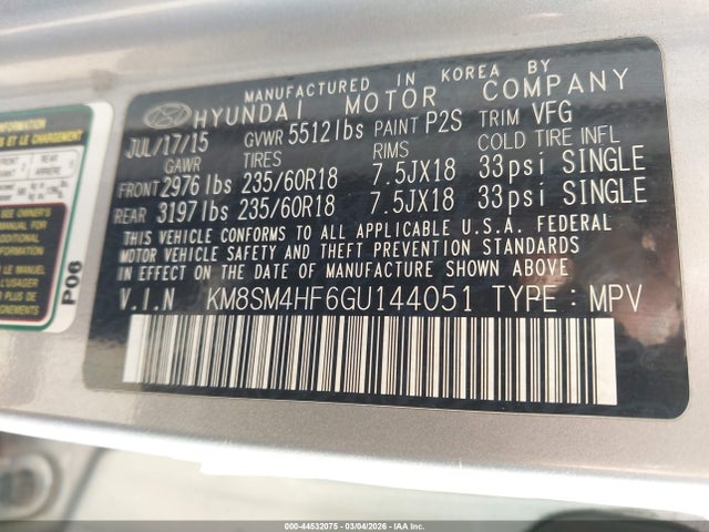 KM8SM4HF6GU144051 Hyundai Santa Fe Se