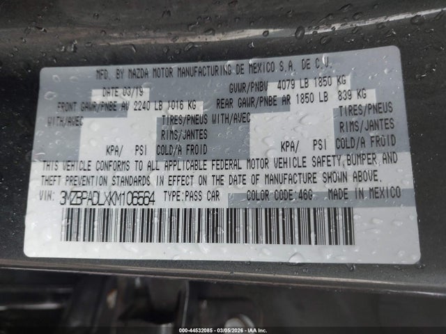 2019 Mazda Mazda3 Preferred Package მანქანა იყიდება აუქციონზე, vin: 3MZBPADLXKM106564, აუქციონის ნომერი: 44532085