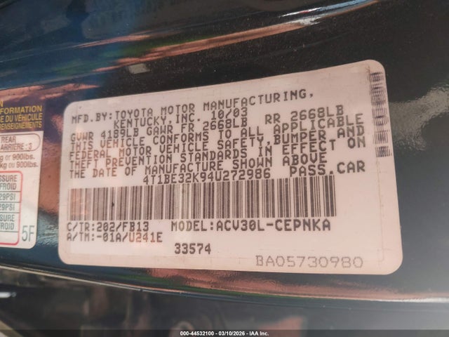 Aukcja sprzedaży 2004 Toyota Camry Le, vin: 4T1BE32K94U272986, numer aukcji: 44532100