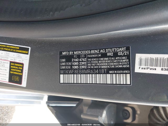 Продажа на аукционе авто 2021 Mercedes-benz C 300 4matic, vin: W1KWF8EB8MR634181, номер лота: 44532105