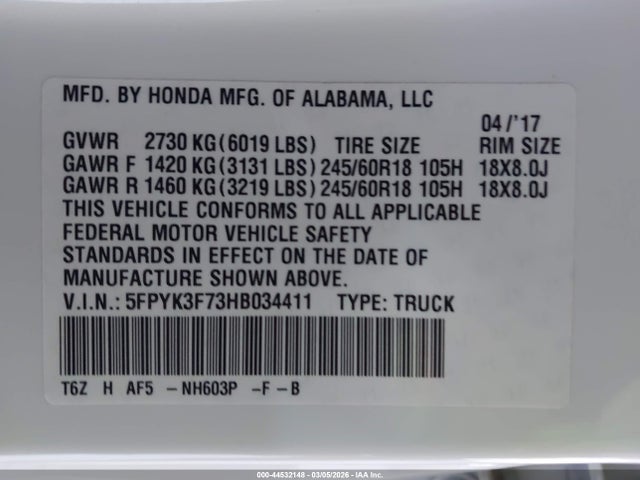 5FPYK3F73HB034411 Honda Ridgeline Rtl-e