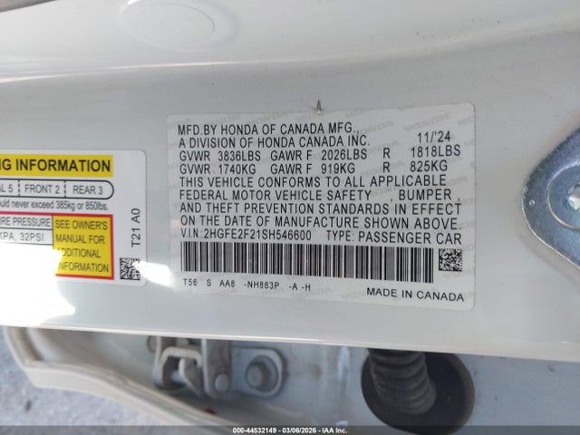 Honda Civic Lx 2025 2HGFE2F21SH546600 Image 9