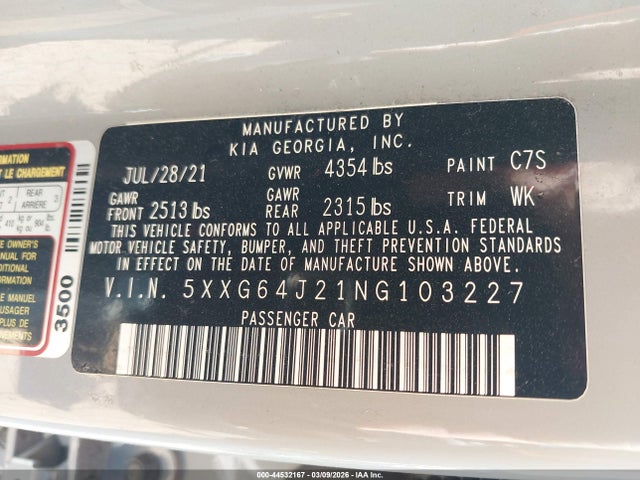 Продажа на аукционе авто 2022 Kia K5 Gt-line, vin: 5XXG64J21NG103227, номер лота: 44532167