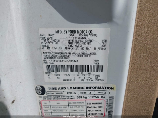 Продажа на аукционе авто 2012 Ford F-150 Lariat, vin: 1FTFW1ET1CFA81223, номер лота: 44532200