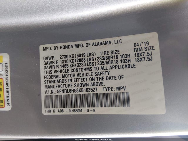 5FNRL6H58KB103527 Honda ODYSSEY EX