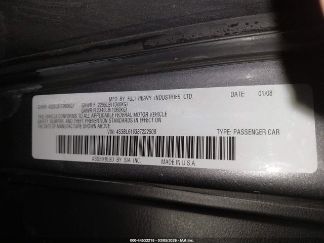 Продаж на аукціоні авто 2008 Subaru Legacy 2.5i, vin: 4S3BL616387222508, номер лоту: 44532215