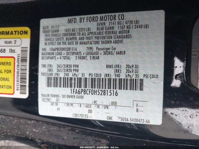 Продаж на аукціоні авто 2017 Ford Mustang Gt Premium, vin: 1FA6P8CF0H5281516, номер лоту: 44532277