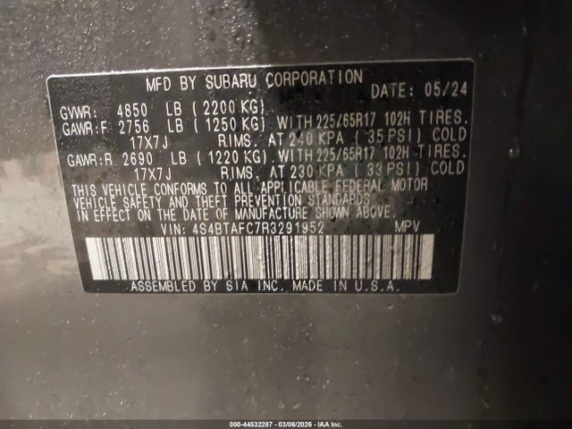 Aukcja sprzedaży 2024 Subaru Outback Premium, vin: 4S4BTAFC7R3291952, numer aukcji: 44532287