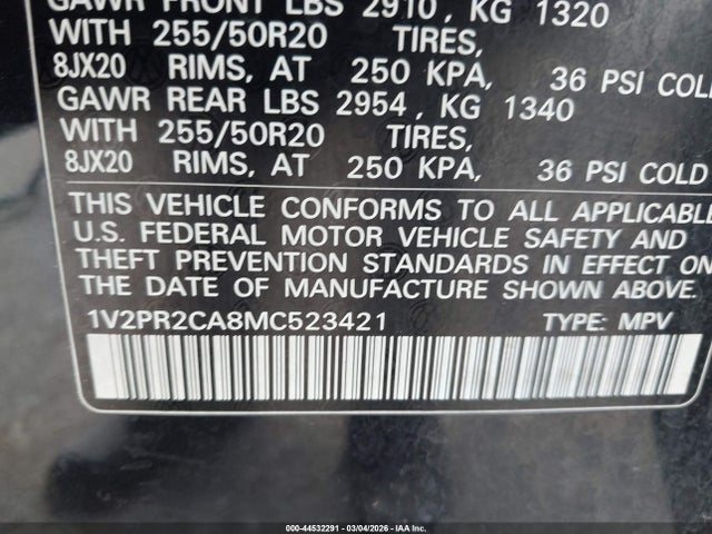 2021 Volkswagen Atlas 3.6l V6 Se W/technology R-line მანქანა იყიდება აუქციონზე, vin: 1V2PR2CA8MC523421, აუქციონის ნომერი: 44532291