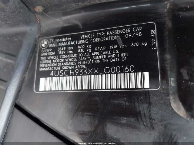 Auction sale of the 1999 Bmw Z3 2.3, vin: 4USCH933XXLG00160, lot number: 44532338