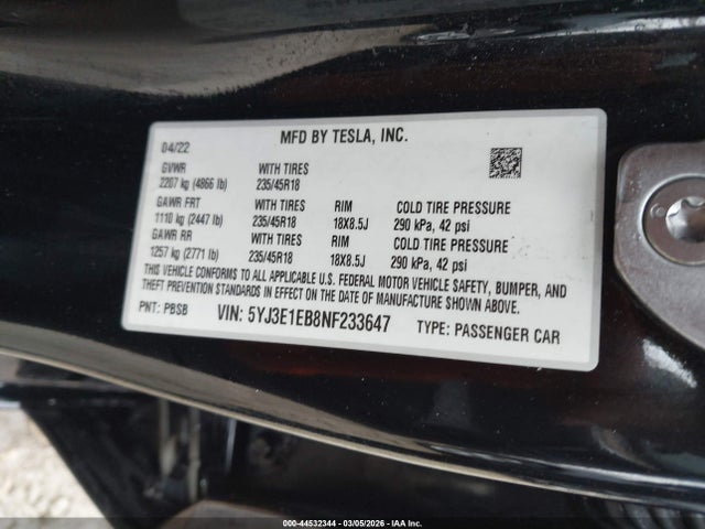 Продаж на аукціоні авто 2022 Tesla Model 3 Long Range Dual Motor All-wheel Drive, vin: 5YJ3E1EB8NF233647, номер лоту: 44532344
