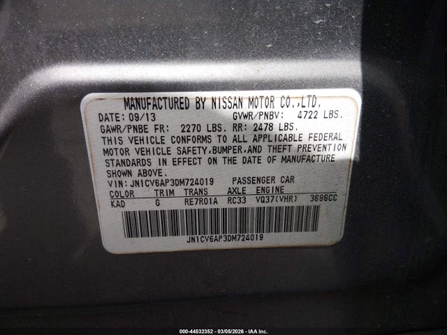 2013 Infiniti G37 Journey/sport მანქანა იყიდება აუქციონზე, vin: JN1CV6AP3DM724019, აუქციონის ნომერი: 44532352