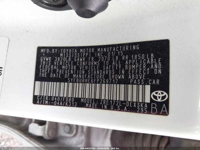 2015 Toyota Corolla S Plus მანქანა იყიდება აუქციონზე, vin: 5YFBURHE6FP269717, აუქციონის ნომერი: 44532359