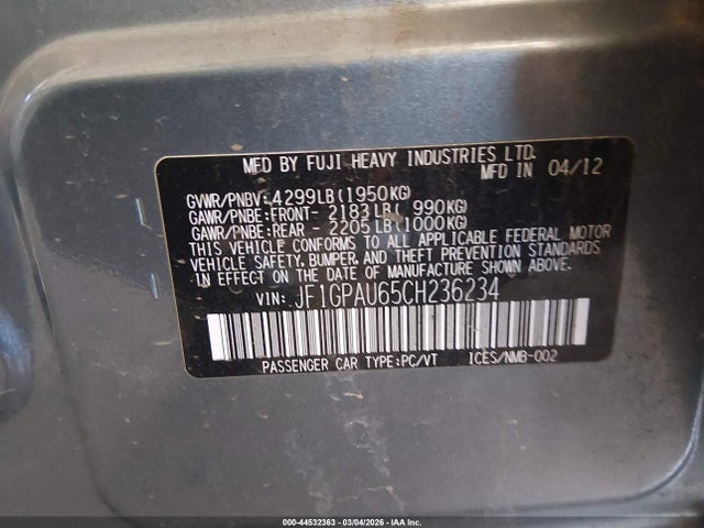 44532363 :رقم المزاد ، JF1GPAU65CH236234 vin ، 2012 Subaru Impreza 2.0i Sport Limited مزاد بيع