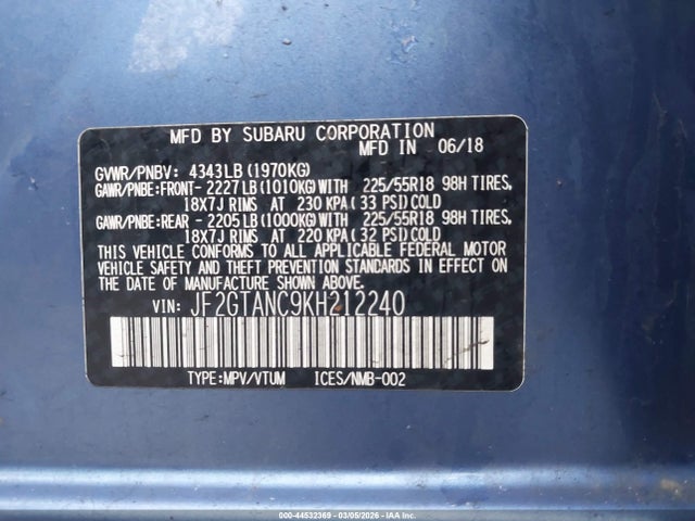 44532369 :رقم المزاد ، JF2GTANC9KH212240 vin ، 2019 Subaru Crosstrek 2.0i Limited مزاد بيع