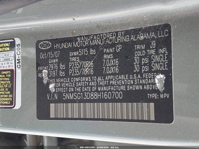 Aukcja sprzedaży 2008 Hyundai Santa Fe Gls, vin: 5NMSG13D88H160700, numer aukcji: 44532393